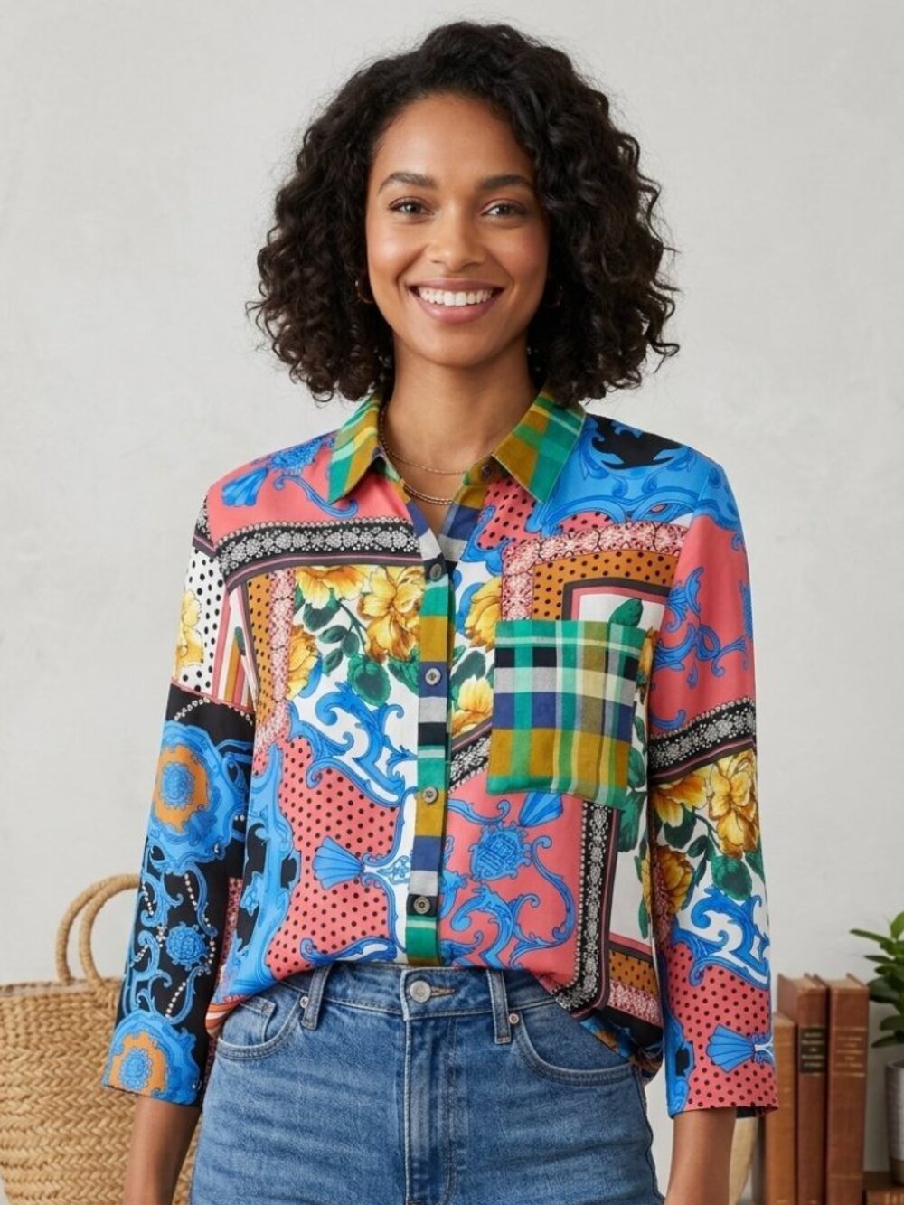 Hem & Thread Multicolor Patchwork Button Down Blouse M NWOT